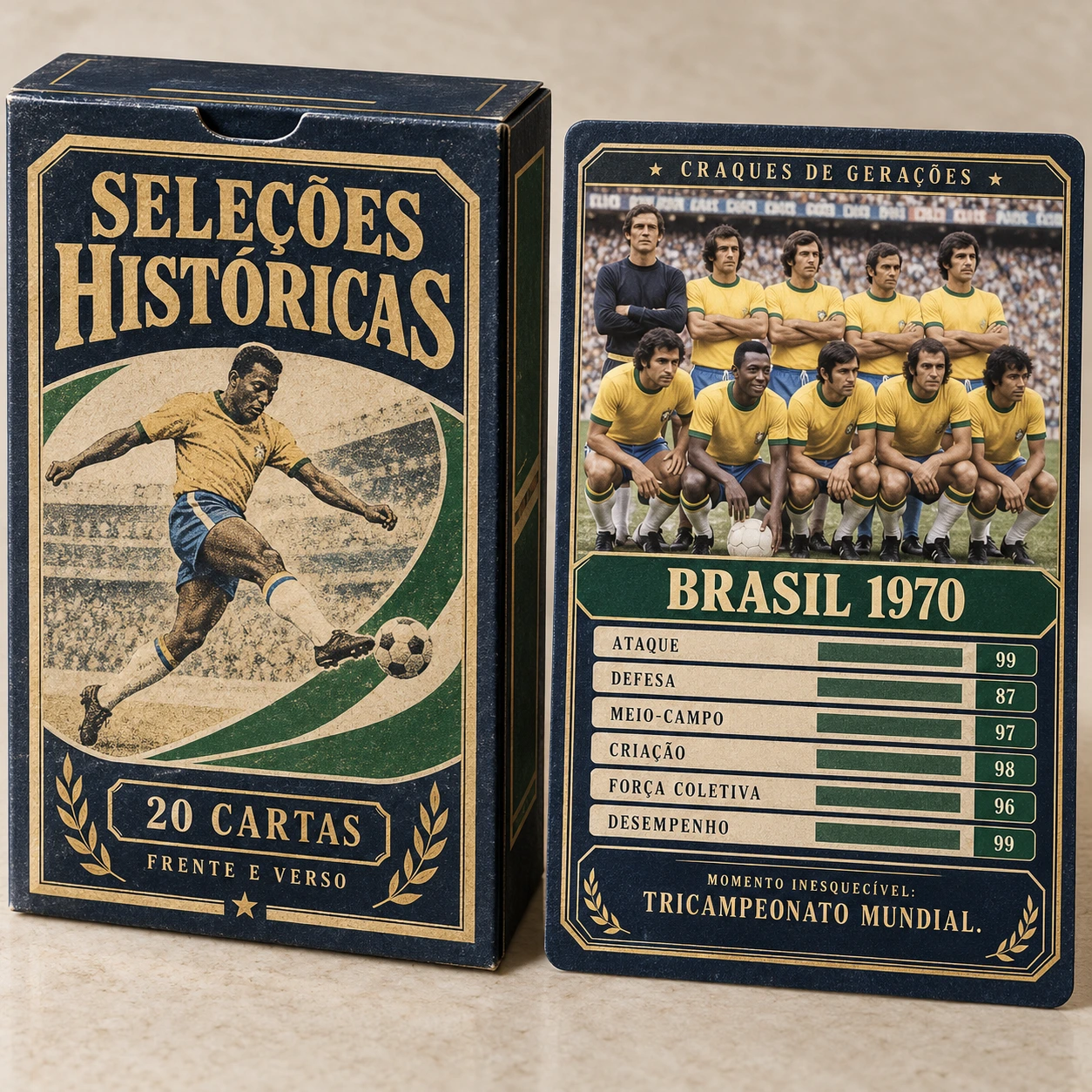 Mockup de Seleções Históricas com caixinha e carta ilustrativa da seleção brasileira de 1970