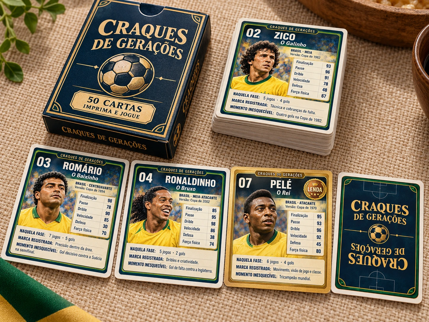Caixinha e cartas de Craques de Gerações, incluindo uma edição Lenda dourada e o verso